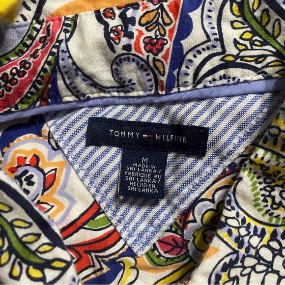 Tommy Hilfiger Blue Orange Paisley Print Tie Cap Sleeve Button Up - Picture 4 of 5